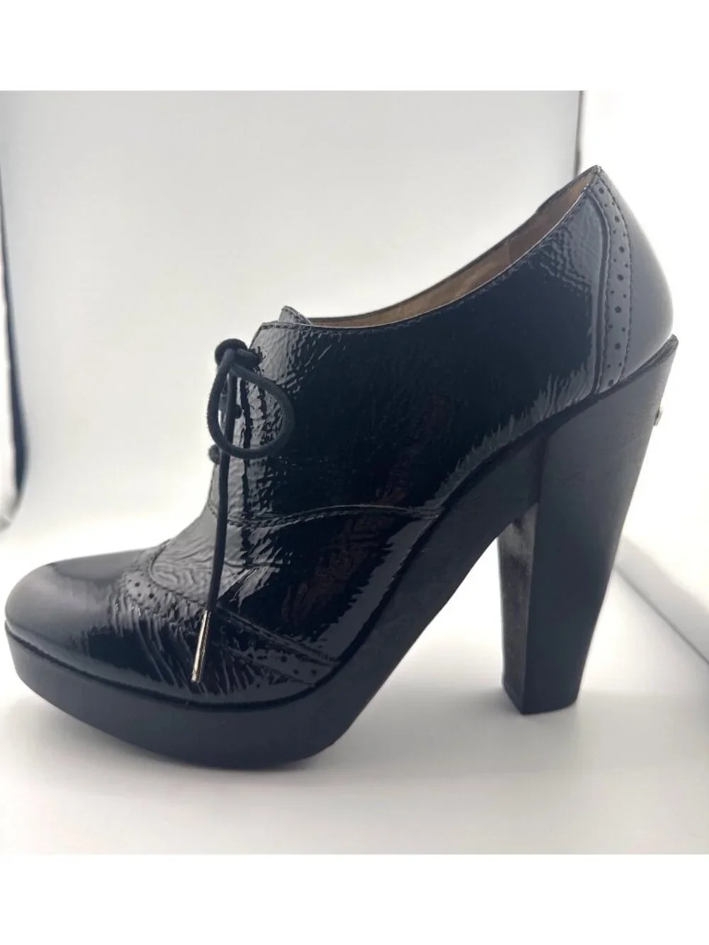 Michael Kors Panama Oxford Heels 8.5M Black Patent Leather Platform Office Siren